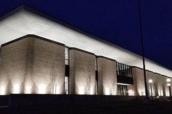 Main Library at night with lights