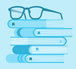 illustration of books with eye glasses on top