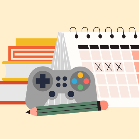 Calendar and video game controller with books